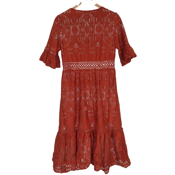 Ivy City Co. Monroe Lace Button Down Midi Dress Burnt Orange Size Medium - Picture 7 of 10